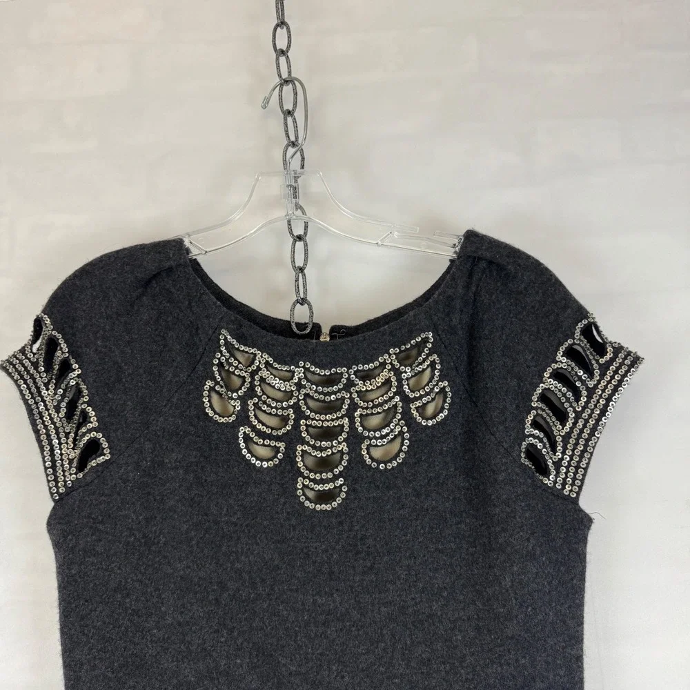 Tory Burch Gray Wool Blend Embellished Cap Sleeve Dress‎ Size M